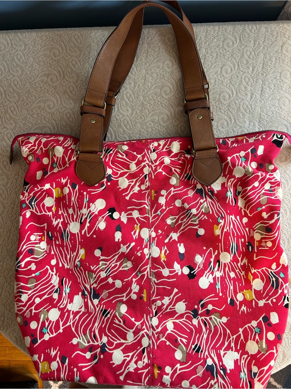 Shanghai Tang Ref Canvas Tote with Brown Leather Handles and Multicolor Print